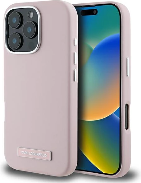 Ovitek z aluminijasto ploščico MagSafe, Karl Lagerfeld FW za iPhone 16 Pro, rožnat