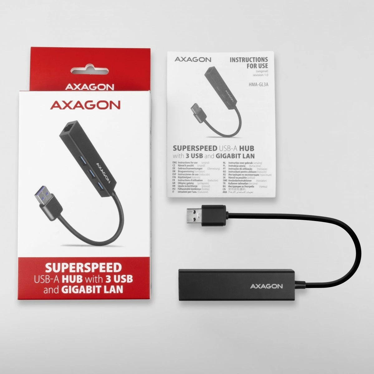 Multiport USB hub, 4 v 1, 5 Gbps, 3x USB-A + Gigabit LAN, aluminij, USB-A kabel 20 cm, črn - AXAGON HMA-GL3A Multiport USB hub, 4 v 1, 5 Gbps, 3x USB-A + Gigabit LAN, aluminij, USB-A kabel 20 cm, črn - AXAGON HMA-GL3A