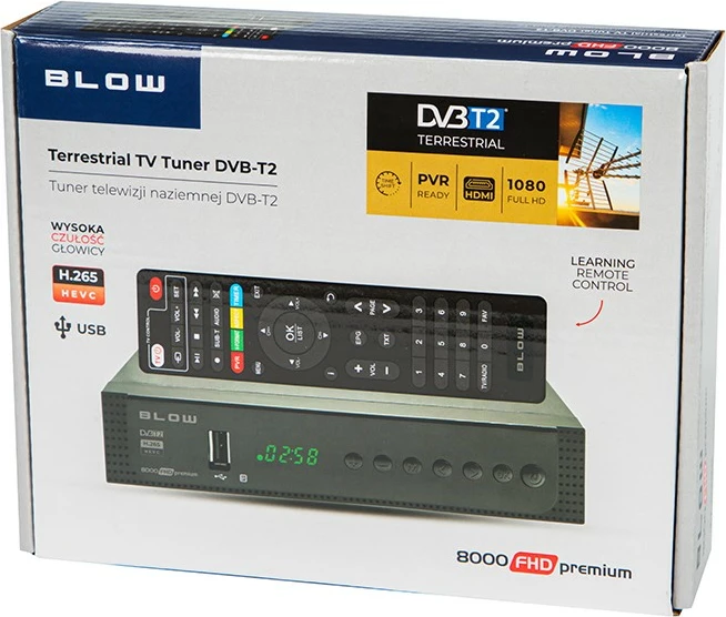DVB‑T2 dekoder BLOW 8000FHD Premium, Full HD, H.265 HEVC, z daljinskim upravljalnikom, črn