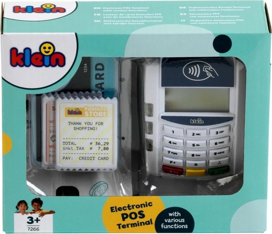 Igračni plačilni terminal Klein 7266, plastika, bel, z igričarsko kreditno kartico in računi