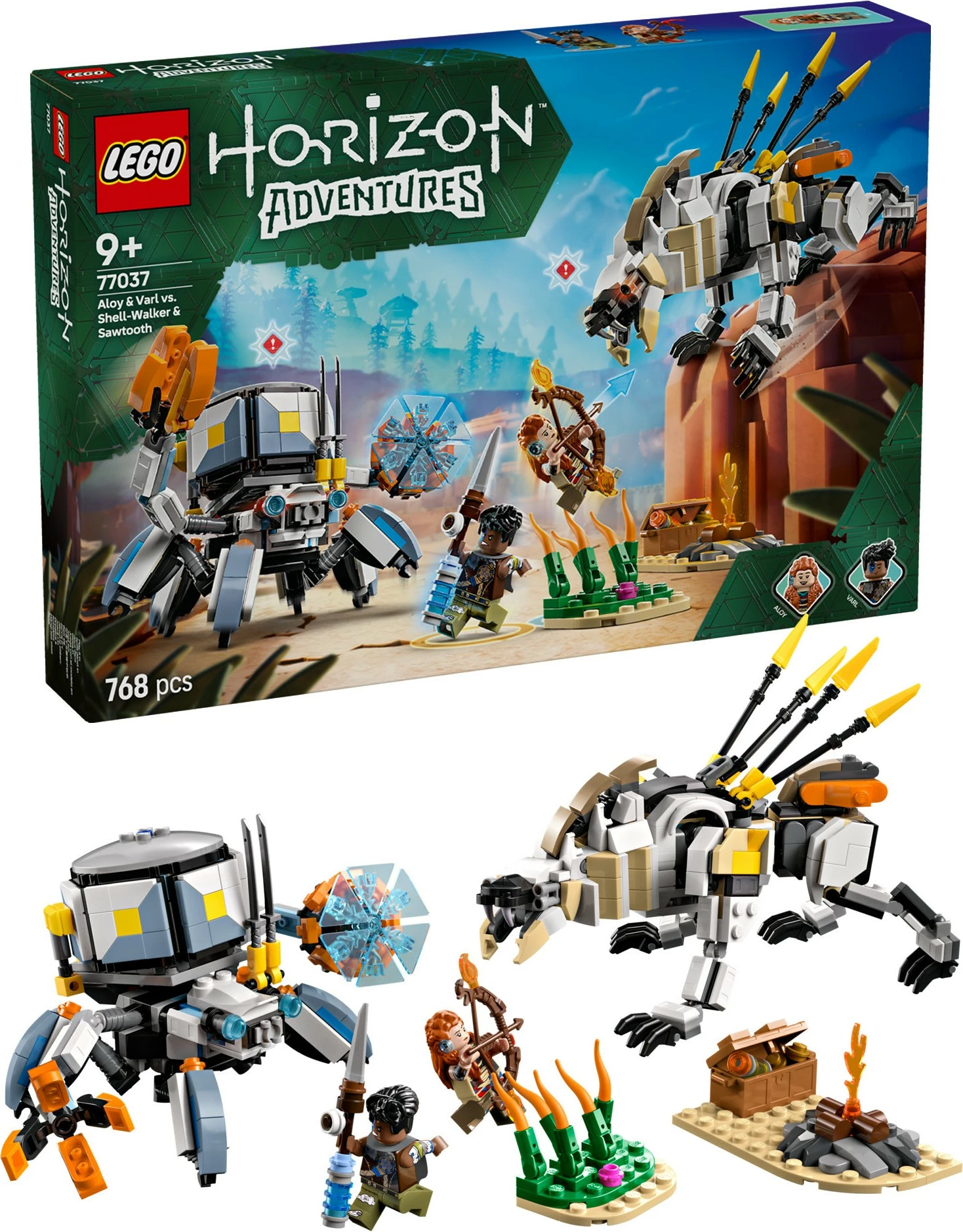 Set gradnje Horizon Adventures 77037, Aloy & Varl proti Shell-Walker & Sawtooth, 768 kosov, večbarven