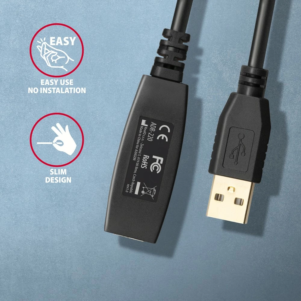 Podaljšek USB 2.0, AXAGON ADR-220, 20 m, črn Podaljšek USB 2.0, AXAGON ADR-220, 20 m, črn