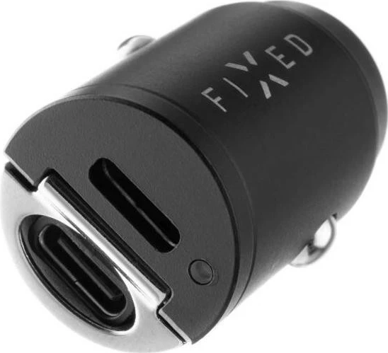 Dvojni USB-C avtopolnilec 30W z USB-C/USB-C kablom, črn Fixed