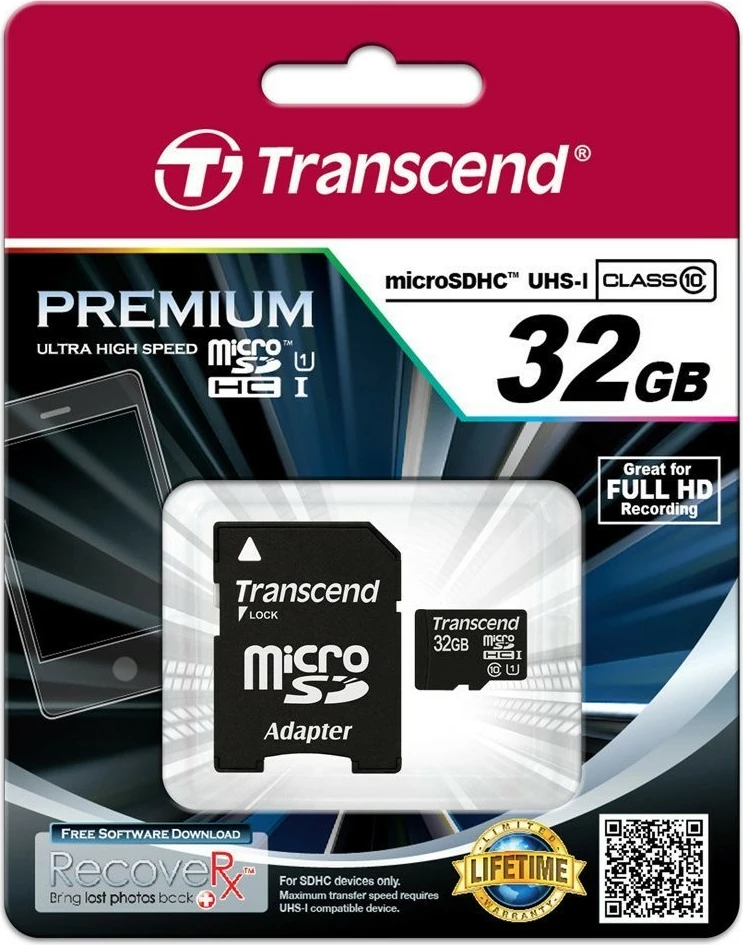 Kartica microSDHC 32GB, Class 10, UHS‑I, z adapterjem, črno/rdeča (Transcend)