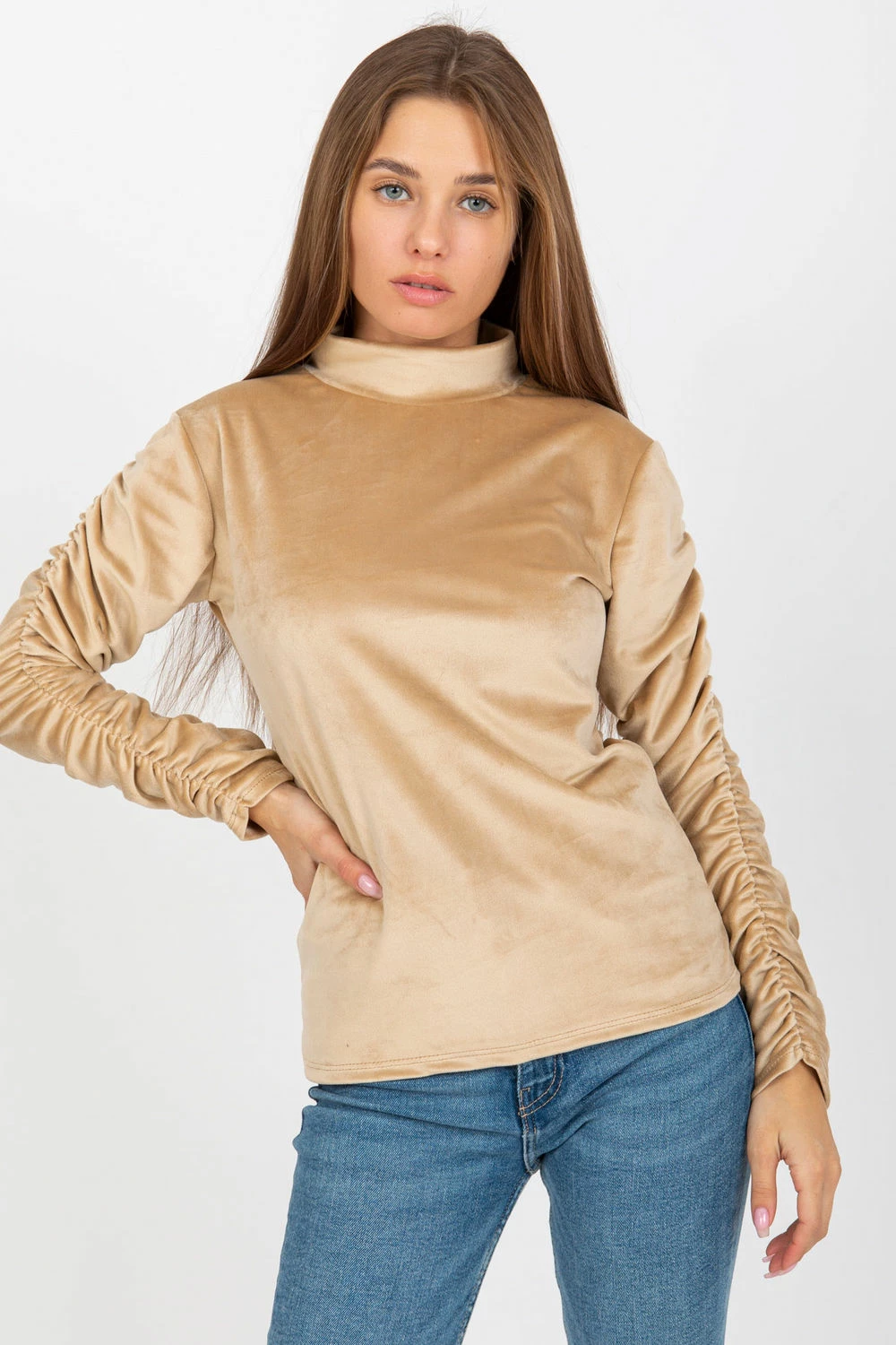 Bluza velur z dolgimi rokavi in stoječim ovratnikom, Rue Paris 173735, bež