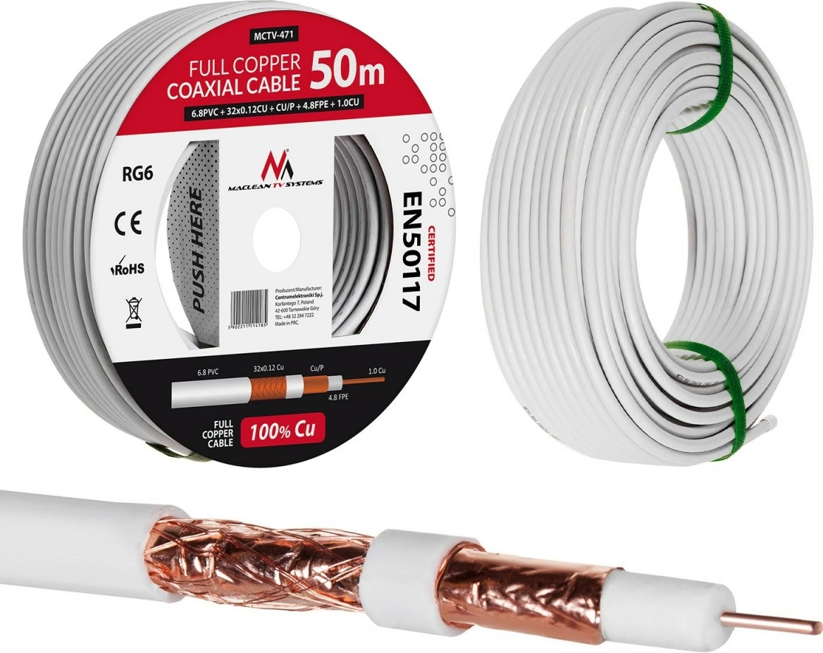 Koaksialni kabel RG6, 50 m, bel, Maclean MCTV-471