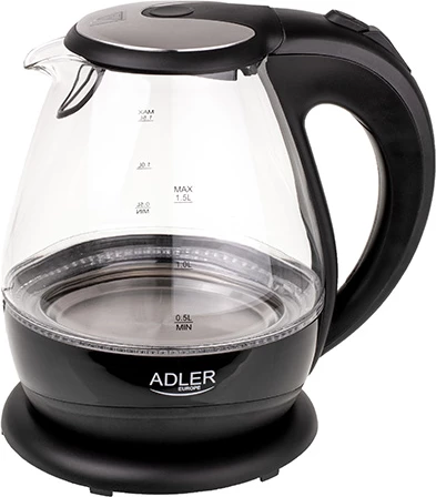 Kuhalnik za vodo iz stekla, Adler AD 1224, 1,5 L, 2200 W, LED osvetlitev, črn