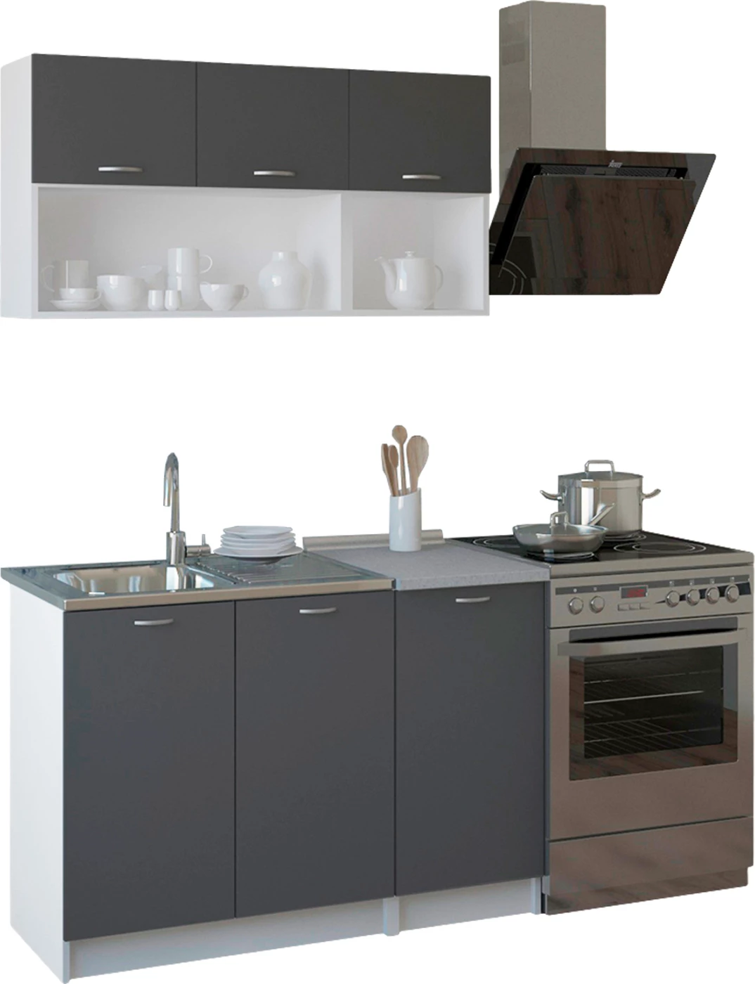 Kuhinjska kompozicija NIKLAUS FH2438.10 melamin v sivi barvi z delovno ploščo v beli barvi 120x46-29,2 cm