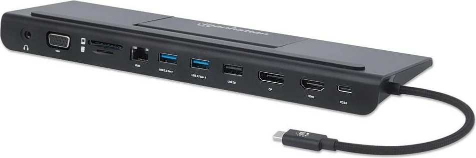 Docking postaja USB-C 11-v-1, 4K, 3 monitorji, MANHATTAN, črna