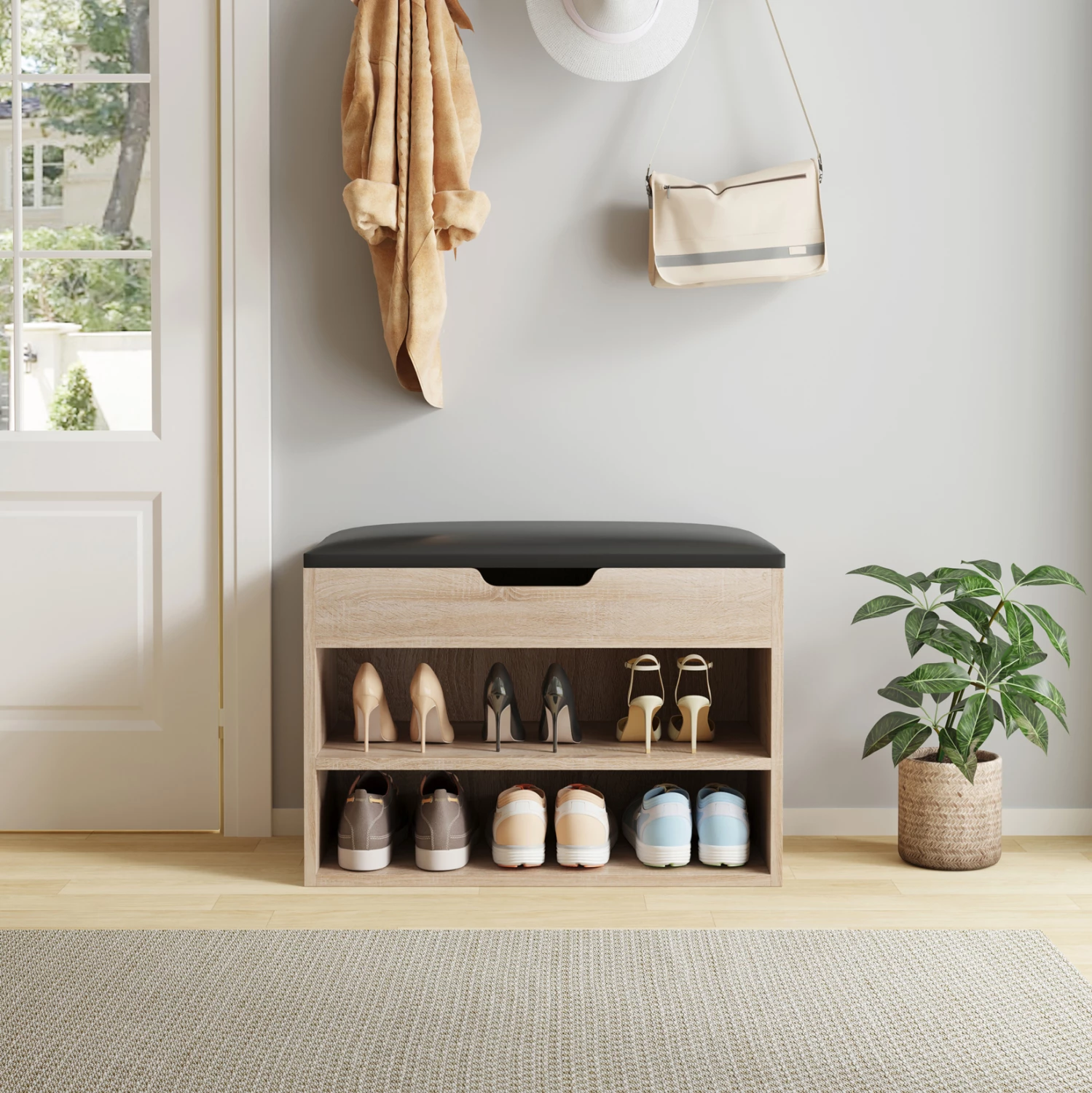 Stojalo za čevlje z sedežem ROMIR FH2477.01 iz melamina v sonoma-rjavi barvi 60x30x44H cm