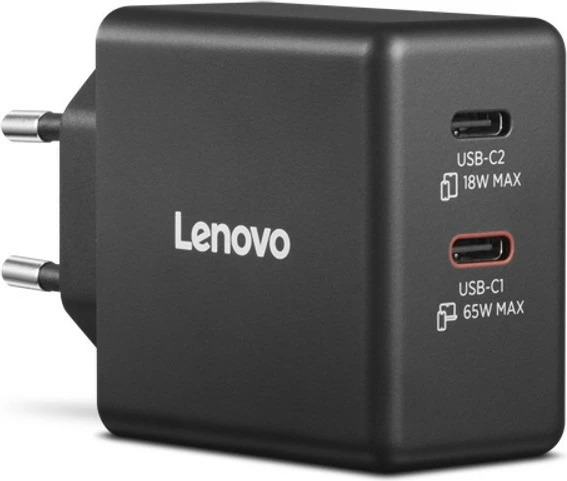 Stenski polnilec GaN z dvema USB-C, Lenovo 40AW065BEU, 65 W, z USB-C kablom 1,5 m, črn