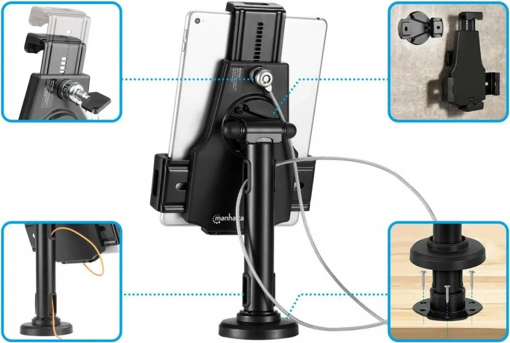 Stojalo za tablico 7,9–10,5 palca, z ključavnico in varnostno vrvico, namizno/stensko, črno Manhattan 462112