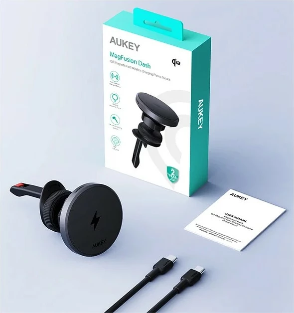 Magnetni nosilec z brezžičnim polnjenjem, AUKEY HD-MC13, Qi2 15W, z USB-C kablom 1 m, črn