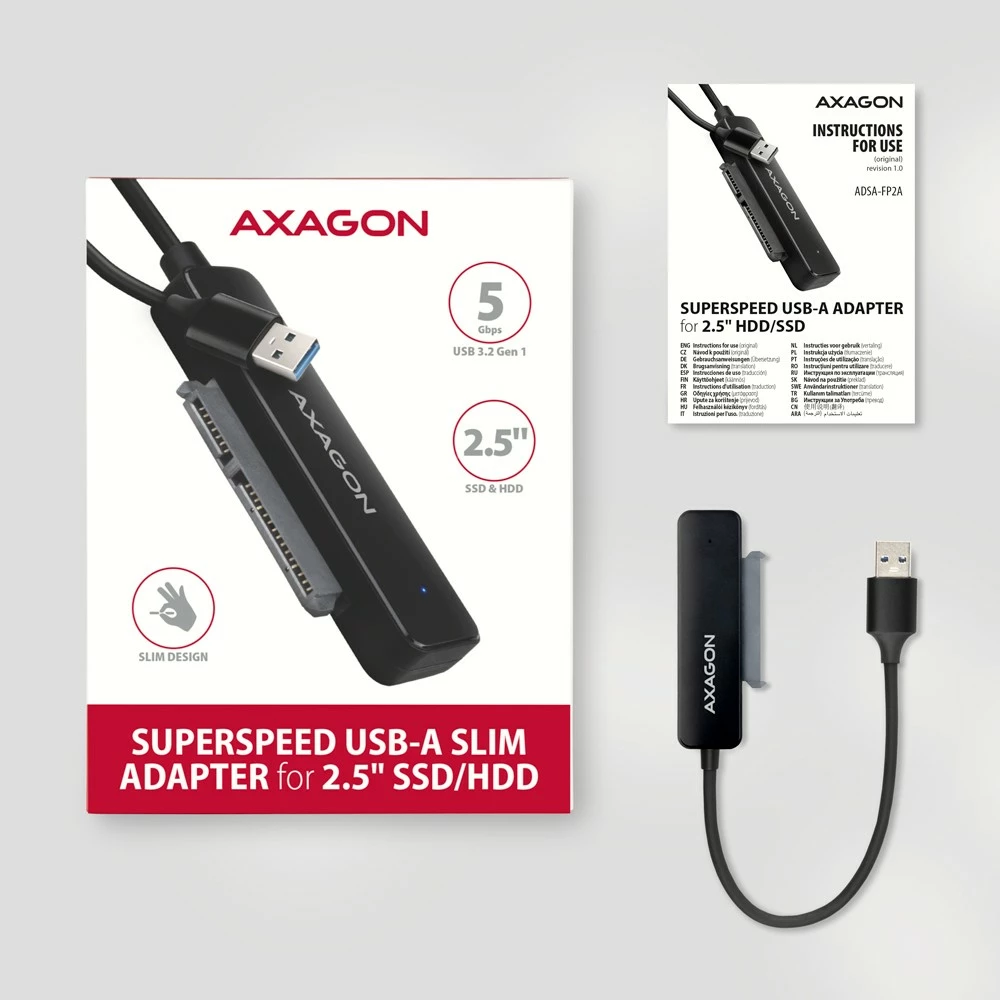 Adapter za HDD/SSD 2,5", USB-A 5Gbps AXAGON ADSA-FP2A, črn Adapter za HDD/SSD 2,5", USB-A 5Gbps AXAGON ADSA-FP2A, črn