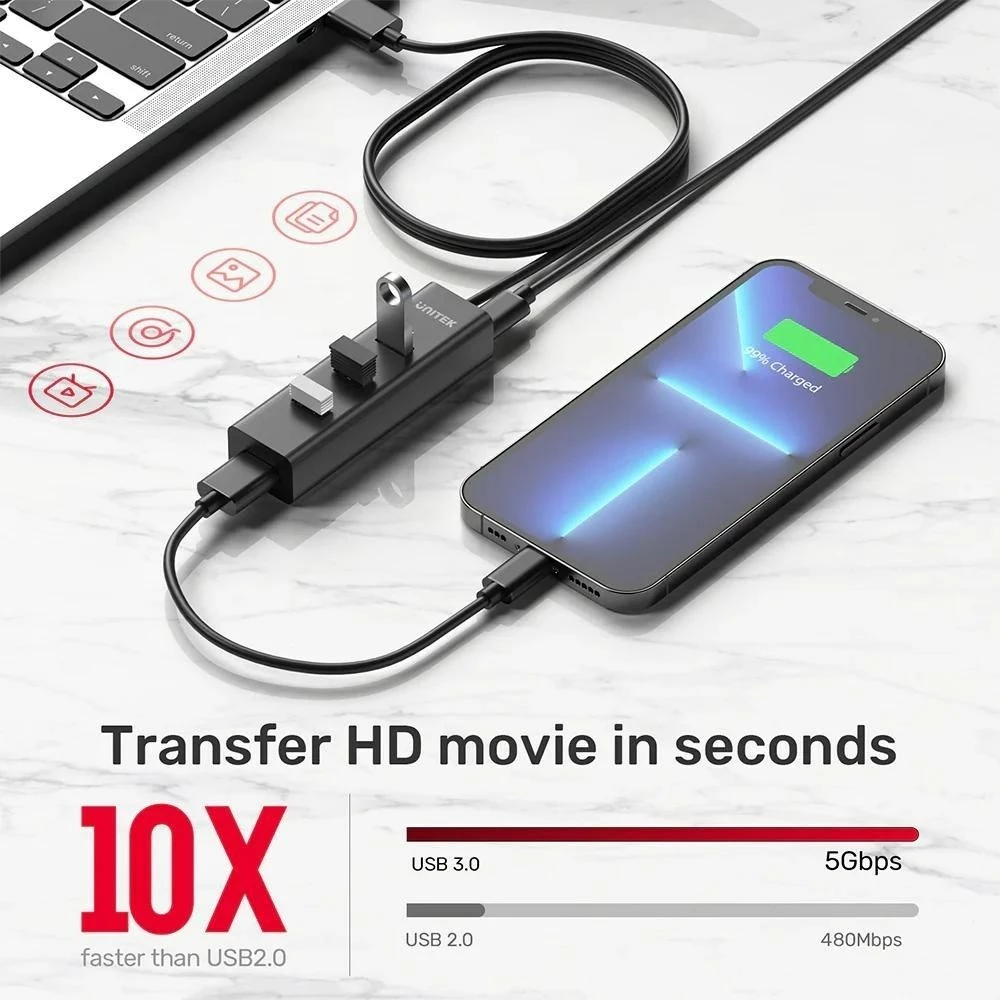 USB razdelilec UNITEK Y-3089V01, 4 vrata, 5000 Mbit/s, črn