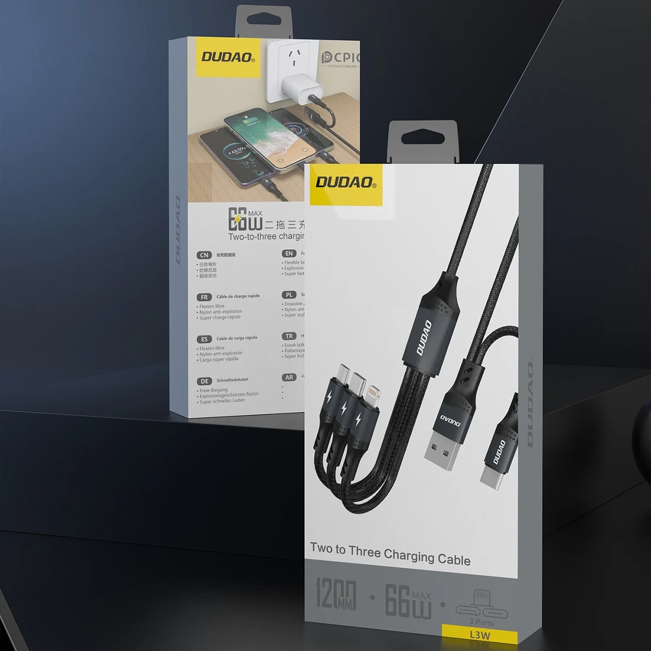 Kabel za polnjenje in prenos podatkov 3-v-1 Dudao L3W, 1,2 m, 66W, USB-A/USB-C na Lightning/USB-C/MicroUSB, črn