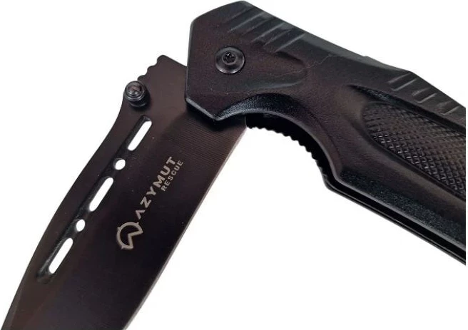 Večfunkcijski reševalni nož AZYMUT H-K2010878 s strgalom za pas, lomilcem stekla in ovitkom, črn