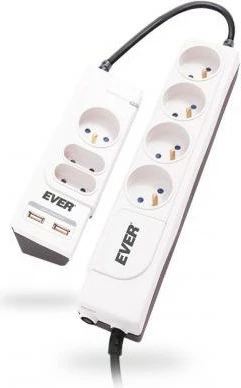 Zaščitna vtičnica EVER Office Plus, 7 priključkov, 2×USB, 3 m, bela