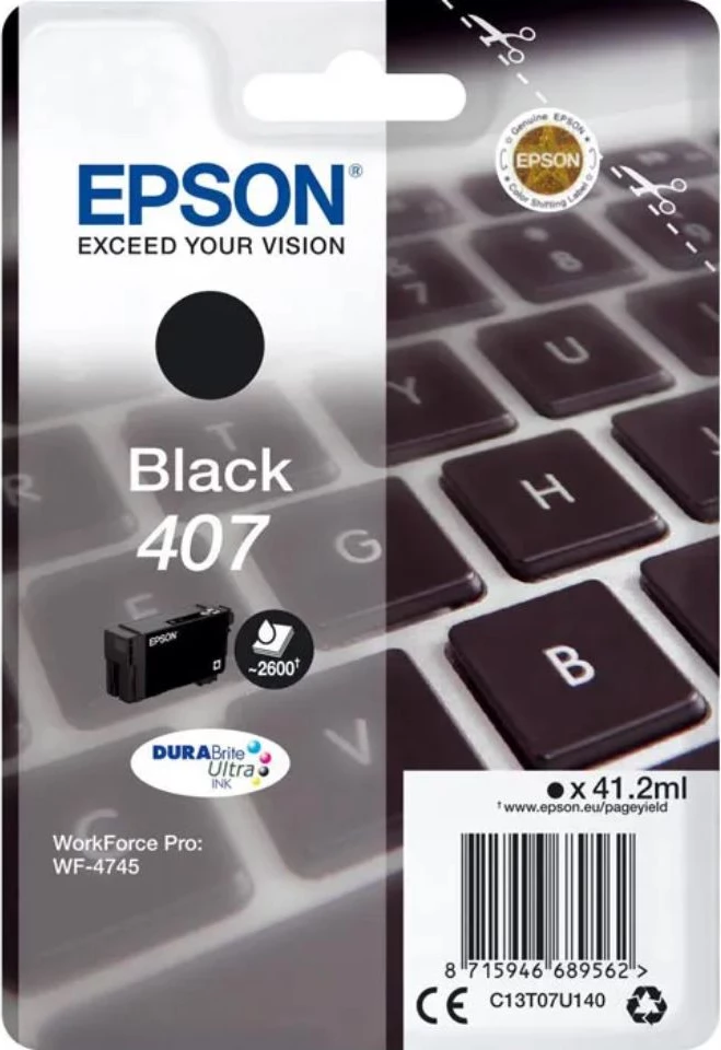 Črnilo za tiskalnik Epson 407 C13T07U140, 41,2 ml, zmogljivost do 2600 strani, črno