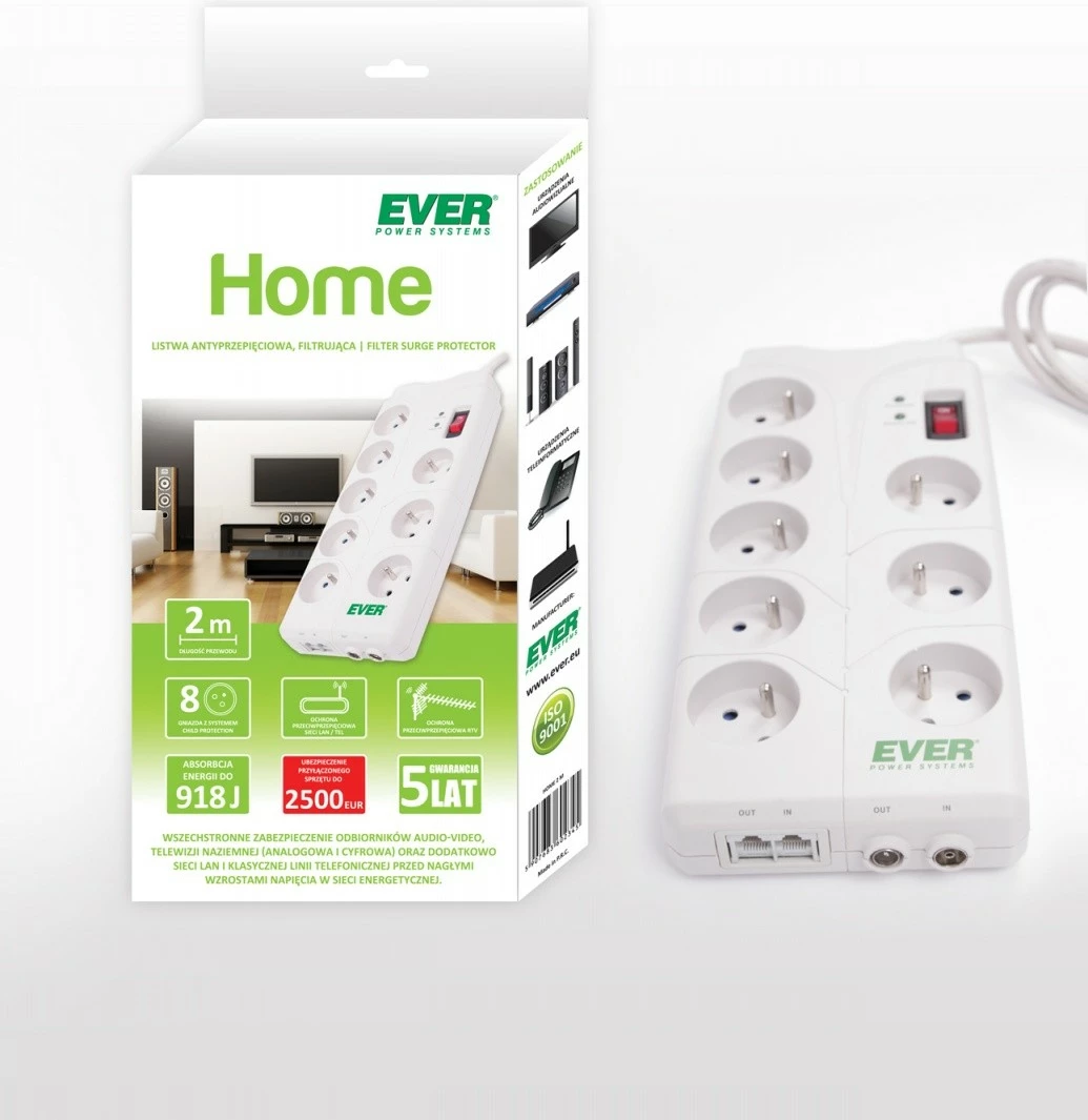 Razdelilnik z 8 vtičnicami EVER T/LZ05-HOM019/0000, 2 m, bel