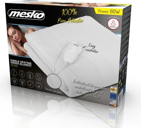 Električna grelna podloga 150x80 cm, Mesko MS 7419, 60 W, za eno osebo, 4 stopnje, snemljiv kabel, pranje 30°C, zaščita pred pregrevanjem, bela