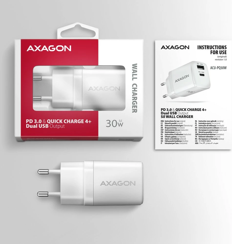 Stenski polnilec AXAGON ACU-PQ30W, 30W, 2 vrata USB-A in USB-C, bel Stenski polnilec AXAGON ACU-PQ30W, 30W, 2 vrata USB-A in USB-C, bel