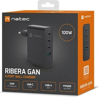 Močan polnilec Natec Ribera GaN 100W, USB-A + 3× USB-C, črn