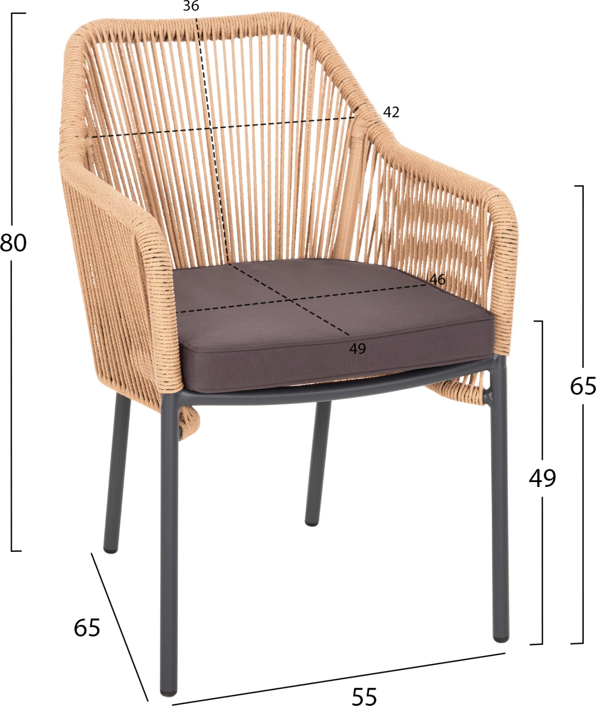 Aluminijasti naslanjač FH5855.02 oglje siva z vrvjo iz ratana PE 56x66x82