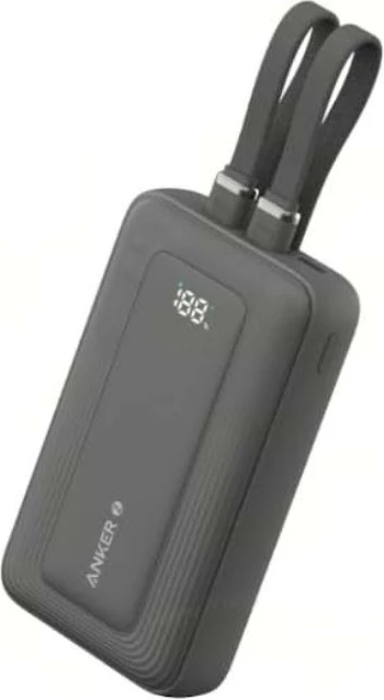 Prenosna baterija 10.000 mAh, 30W, z vgrajenima kabloma USB-C/Lightning, 1x USB-C, 1x USB-A — Anker A1680G11, črna