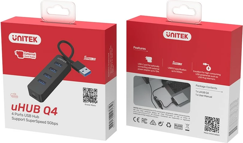 Aktiven USB hub, 4x USB-A 3.1, 10W, črn, Unitek H1117A