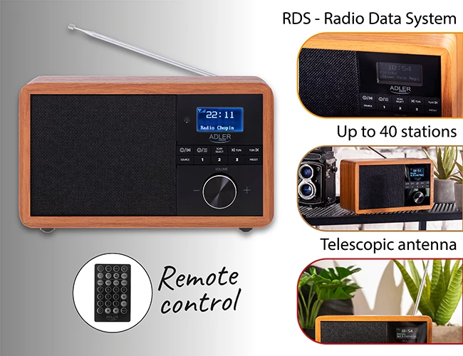Radio, rjav Adler AD 1184, DAB/DAB+, FM, Bluetooth 5.0, 3W, LCD, USB/SD, alarm