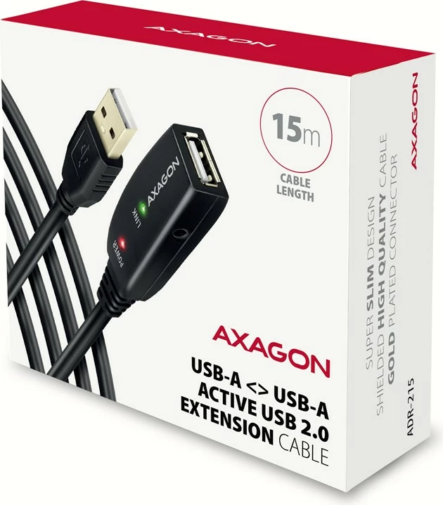 Aktivni podaljšek USB 2.0, AXAGON ADR-215, 15 m, črn Aktivni podaljšek USB 2.0, AXAGON ADR-215, 15 m, črn