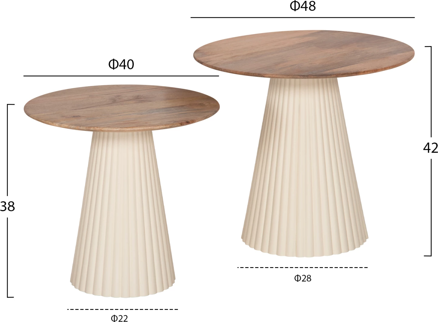 Klubske mize 2 kosa Foldy FH9925 kovinsko podnožje v slonokoščeni barvi - okrogla vrhnja plošča iz mangovega lesa v naravni barvi Φ40 & Φ48