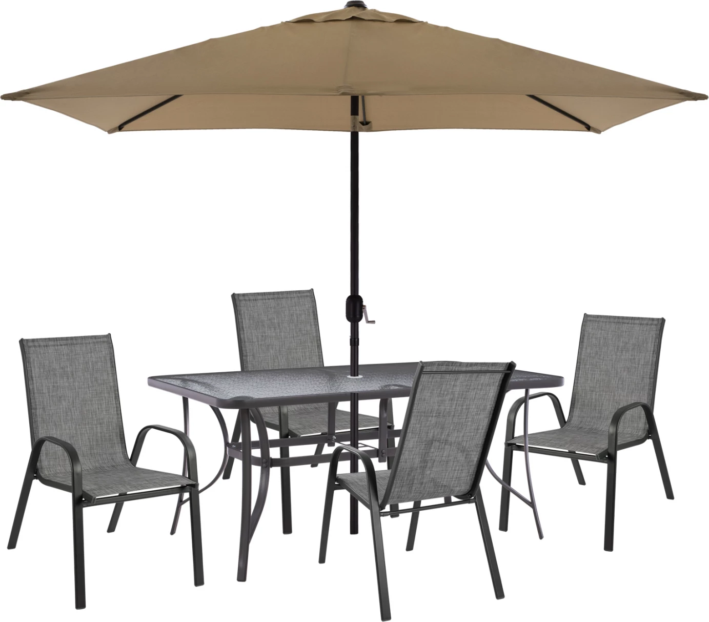 Komplet 6 kosov Bruno miza z dežnikom v moca sivi barvi in Leon naslanjači FH11465