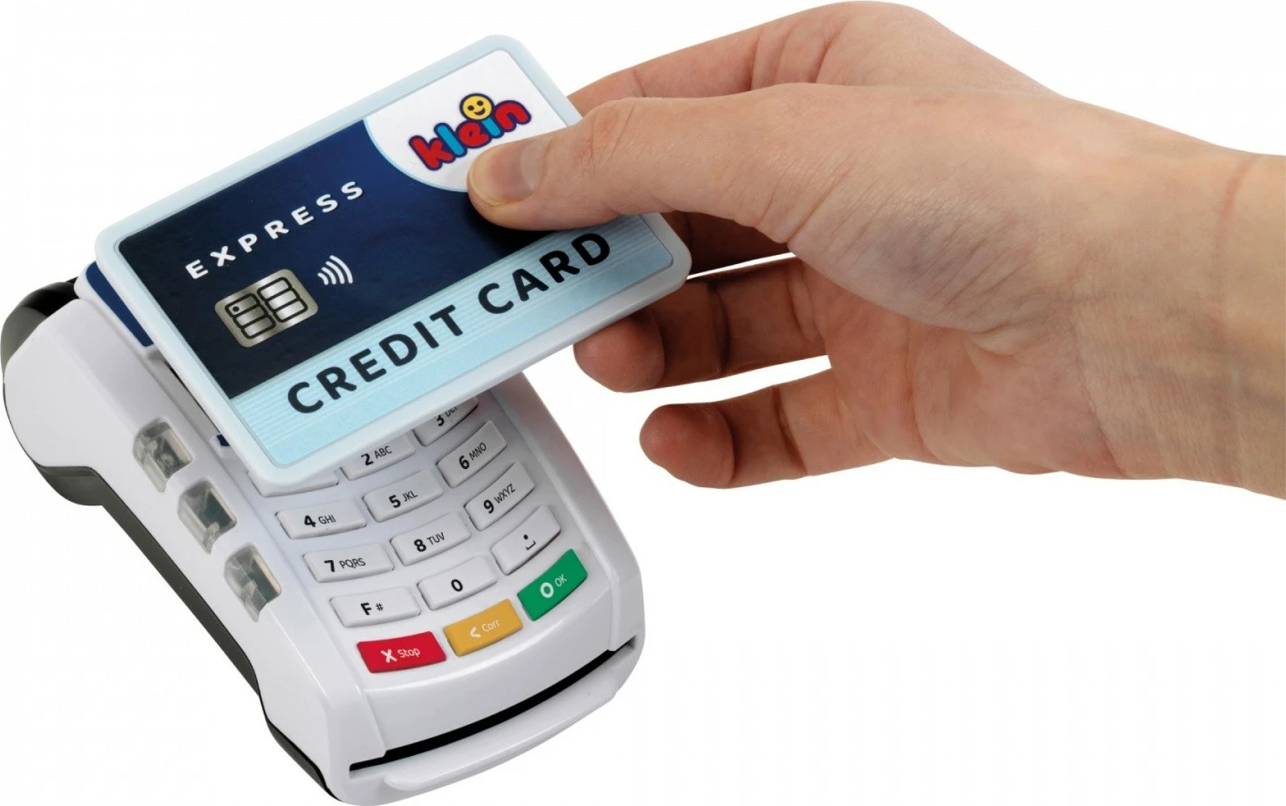 Igračni plačilni terminal Klein 7266, plastika, bel, z igričarsko kreditno kartico in računi