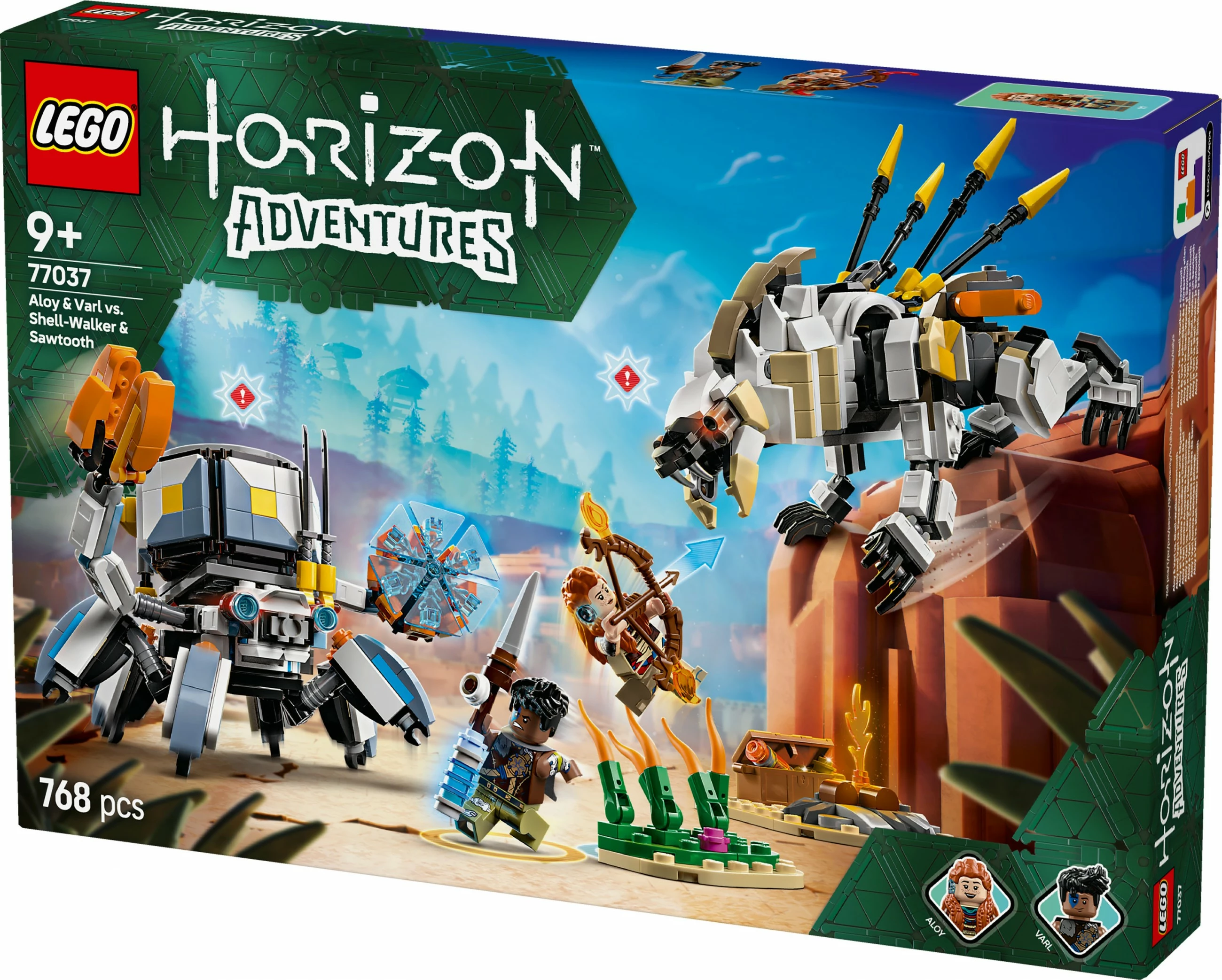 Set gradnje Horizon Adventures 77037, Aloy & Varl proti Shell-Walker & Sawtooth, 768 kosov, večbarven