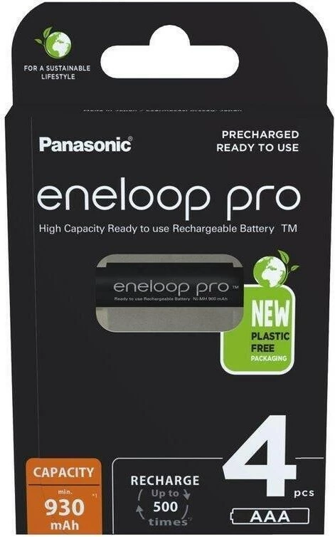 Polnilne baterije AAA Eneloop Pro 930 mAh, Panasonic, 4 kosi, črne