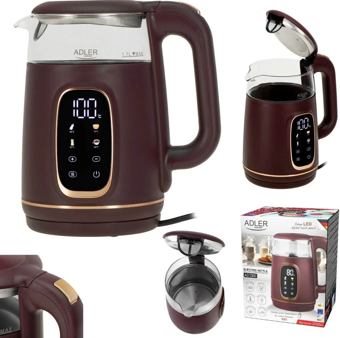 Električni grelnik vode Adler AD 1305, 1,7 L, regulacija temperature, LED, burgundy