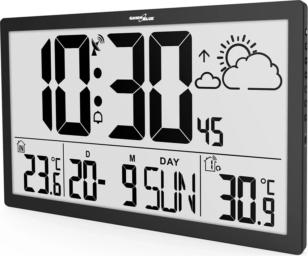 Stenska ura z velikim LCD zaslonom GreenBlue GB218, vremenska postaja, črna