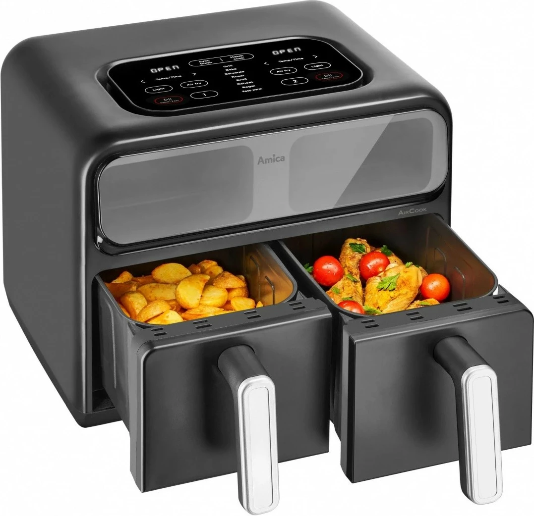 Friteza na vroč zrak z dvema komorama Amica AFM 7020, 8 L, 2400 W, zaslon na dotik, opazovalno okno, črna