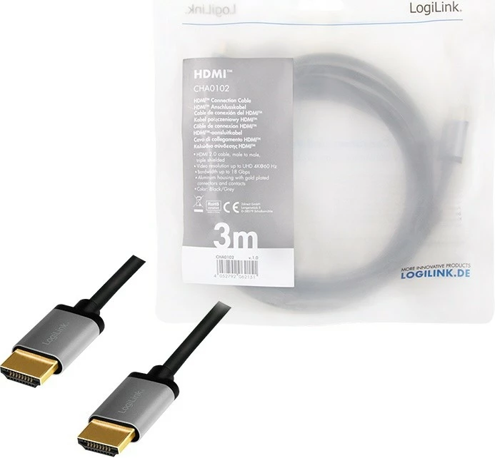 Kabel HDMI, 3 m, 4K/60Hz, aluminij, črn LogiLink CHA0102
