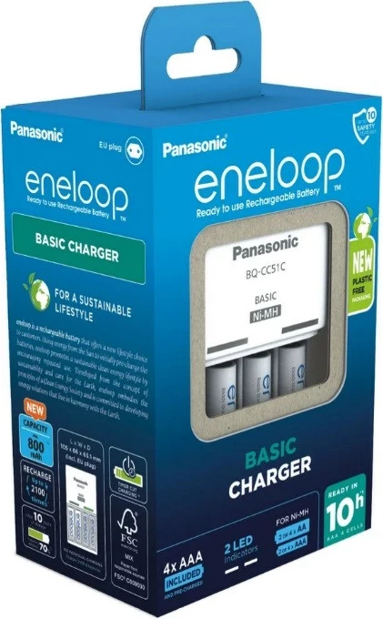 Polnilnik baterij Panasonic Eneloop Basic BQ-CC51, z 4x AAA 800 mAh, bel