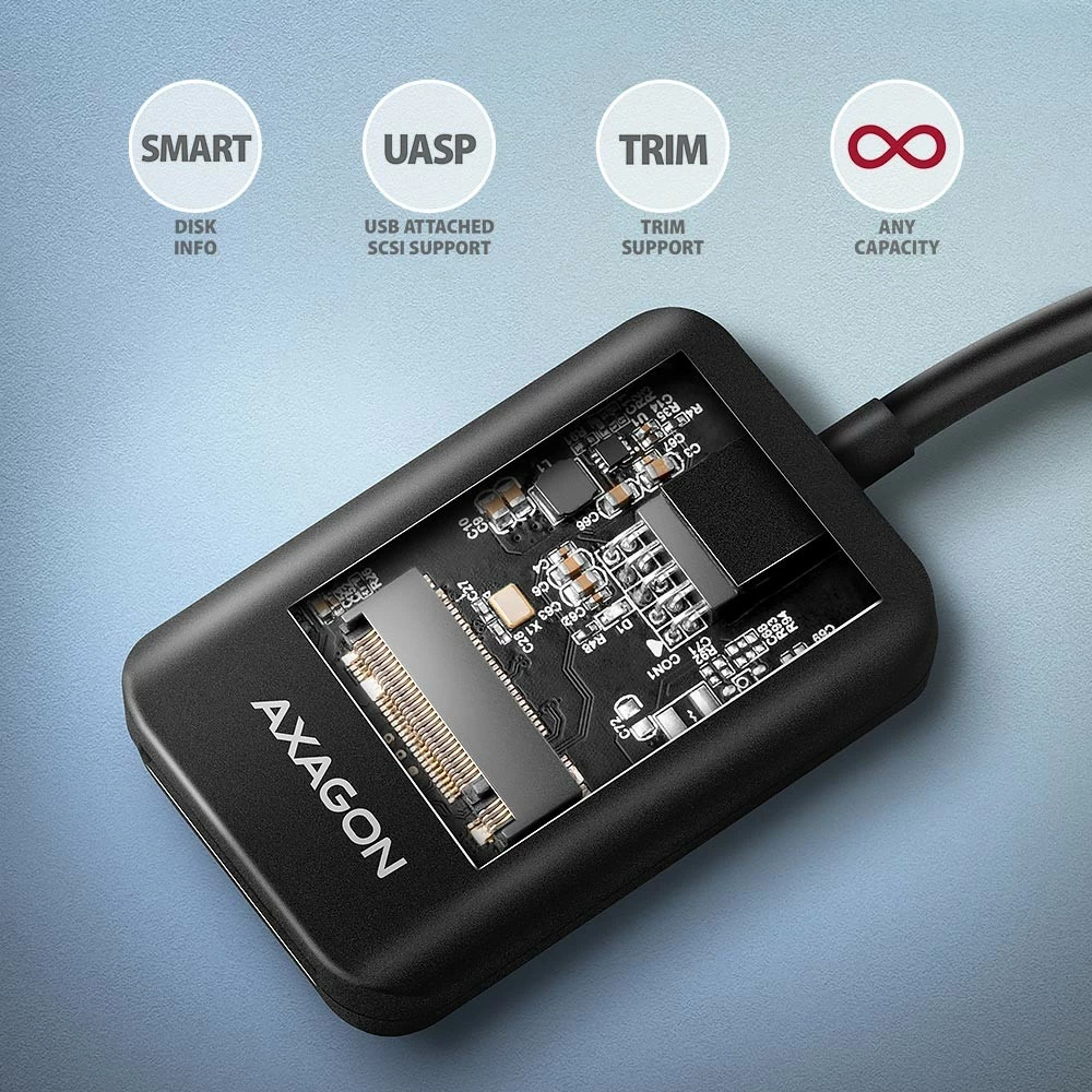 Adapter za SSD M.2 AXAGON ADM2-AM, USB 3.2 Gen 2, 10Gbps, črn Adapter za SSD M.2 AXAGON ADM2-AM, USB 3.2 Gen 2, 10Gbps, črn
