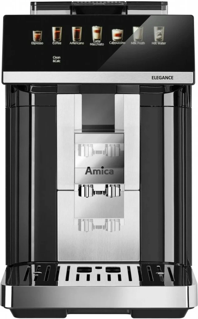 Aparat za espresso, 15 bar, 1725 W, jekleni mlinček 5 stopenj, rezervoar za vodo 1,8 L, zbiralnik za kavo 250 g, mlečni sistem, črn, Amica Elegance CM 7011