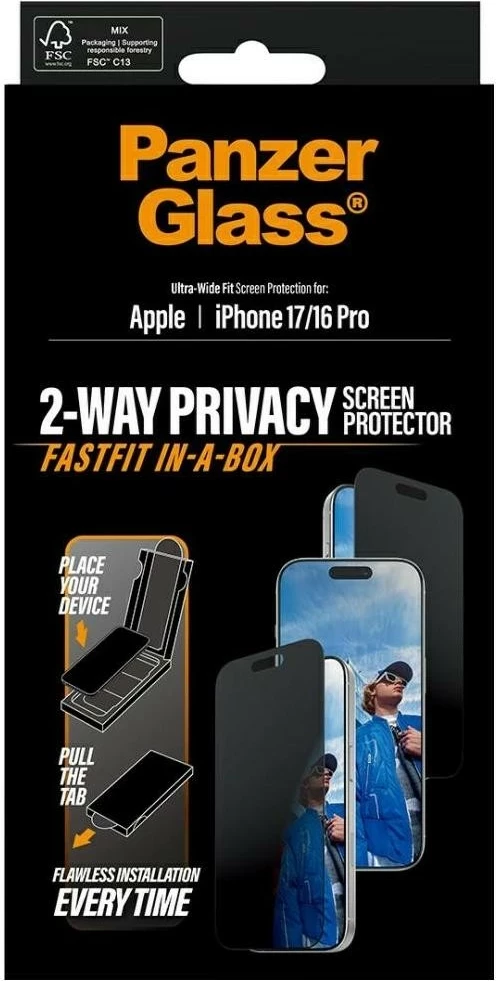 Zasebno zaščitno steklo PanzerGlass Ultra-Wide Fit Fastfit za iPhone 16 Pro/17, črno