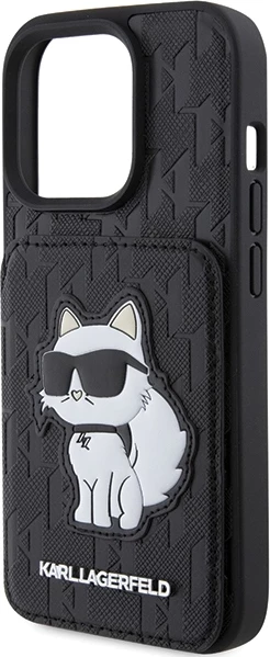 Preklopna zaščita z režami za kartice in stojalom Monogram Choupette Karl Lagerfeld za iPhone 15 Pro, črna