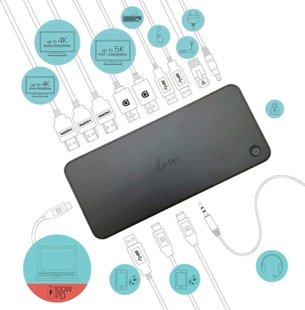 Docking postaja I-Tec USB 3.0/USB-C/Thunderbolt, 3× 4K, Power Delivery 100W, črna