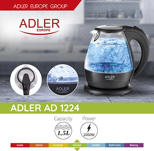 Kuhalnik za vodo iz stekla, Adler AD 1224, 1,5 L, 2200 W, LED osvetlitev, črn
