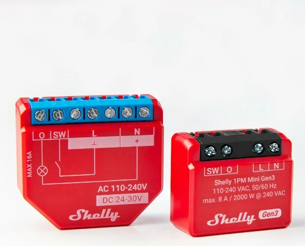 Pametni stikalnik Shelly 1PM Mini Gen3, brezžični, 1P, 20 dBmW, rdeč