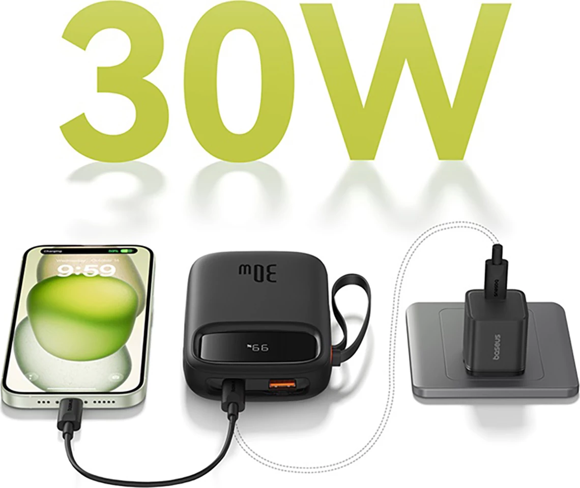 Powerbank 10.000 mAh, 30 W, z vgrajenim USB-C kablom, LED zaslon, črn Baseus QPow 2